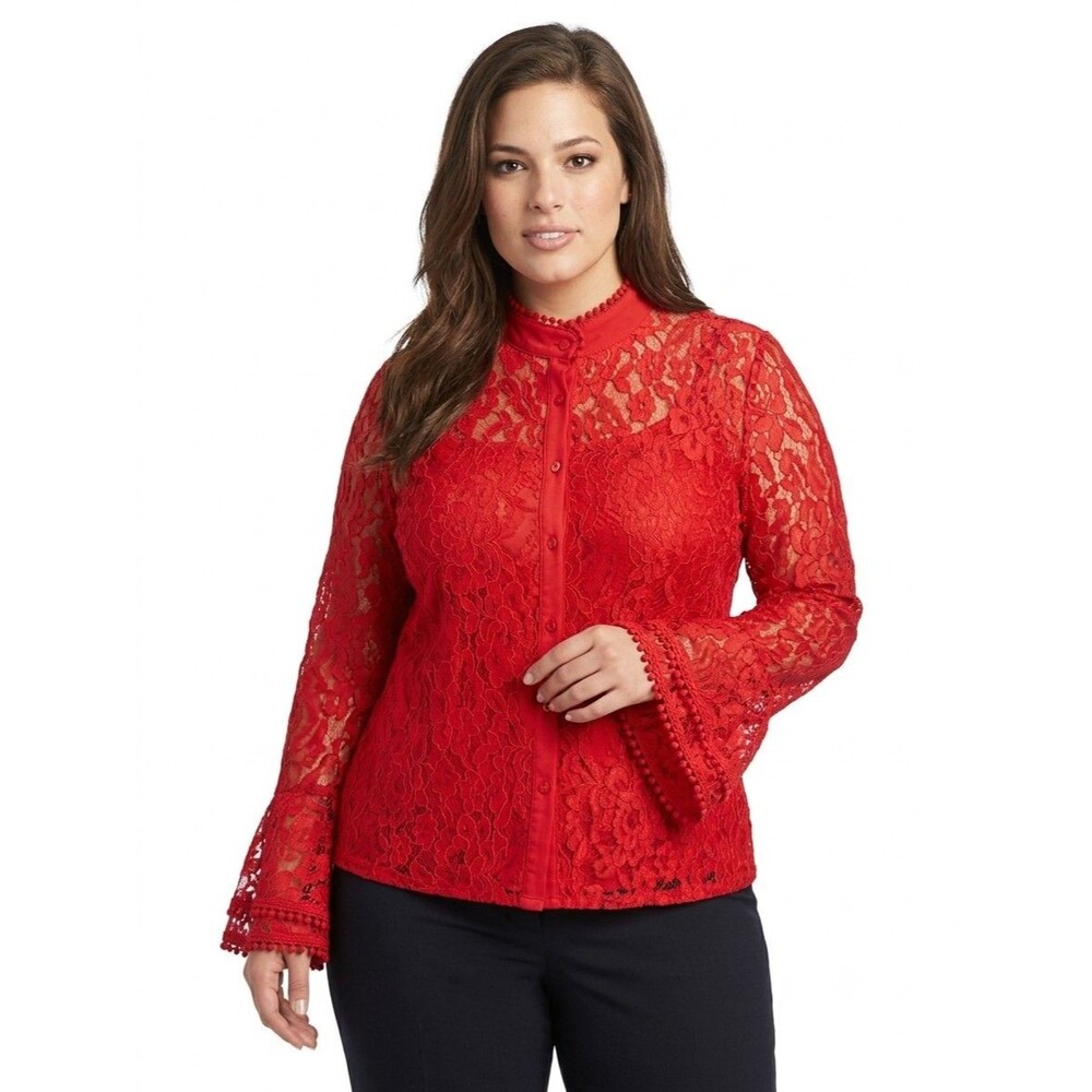 WoWo Women's Red Floral Lace Button Long Bell Sleeve Blouse Top 1X (14/16) NWT